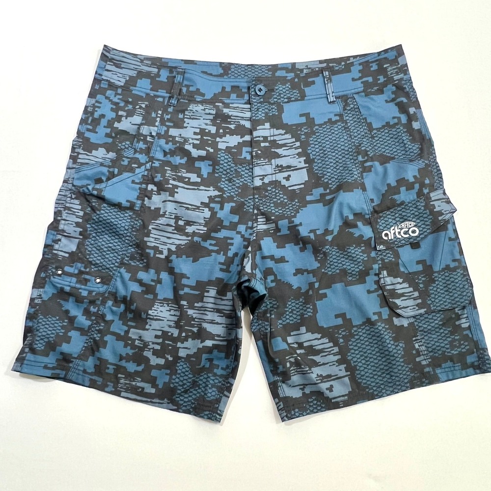 AFTCO M82 Tactical Fishing Shorts Men's Size 42 Blue Camo Stretch Quick Dry